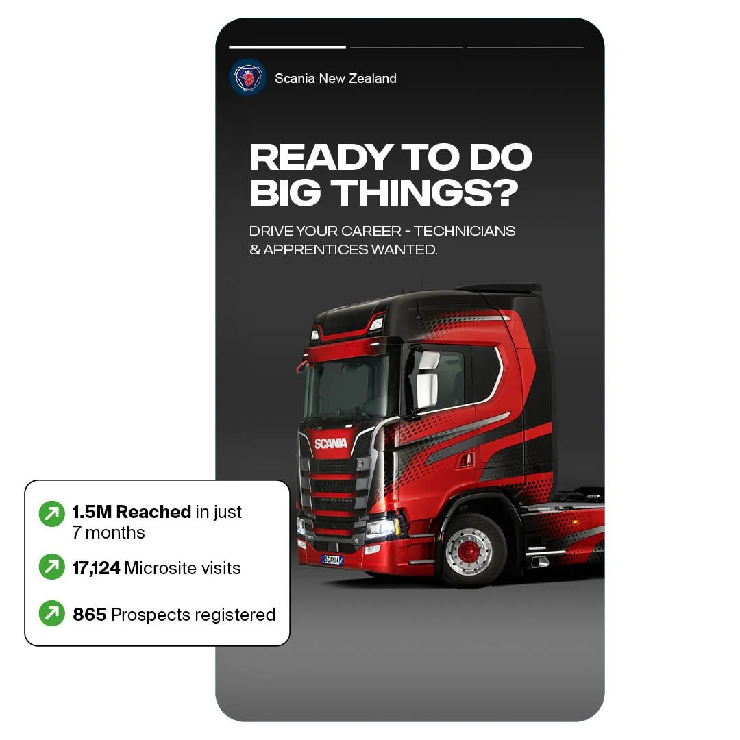 Scania 'Do Big Things' employment brand campaign — phone mockup showing a red Scania truck ad