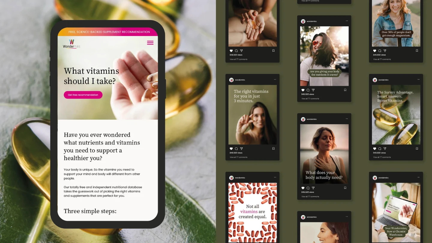 Collage of Social Sugar social media campaigns — Wondermins phone mockup and social feed tiles